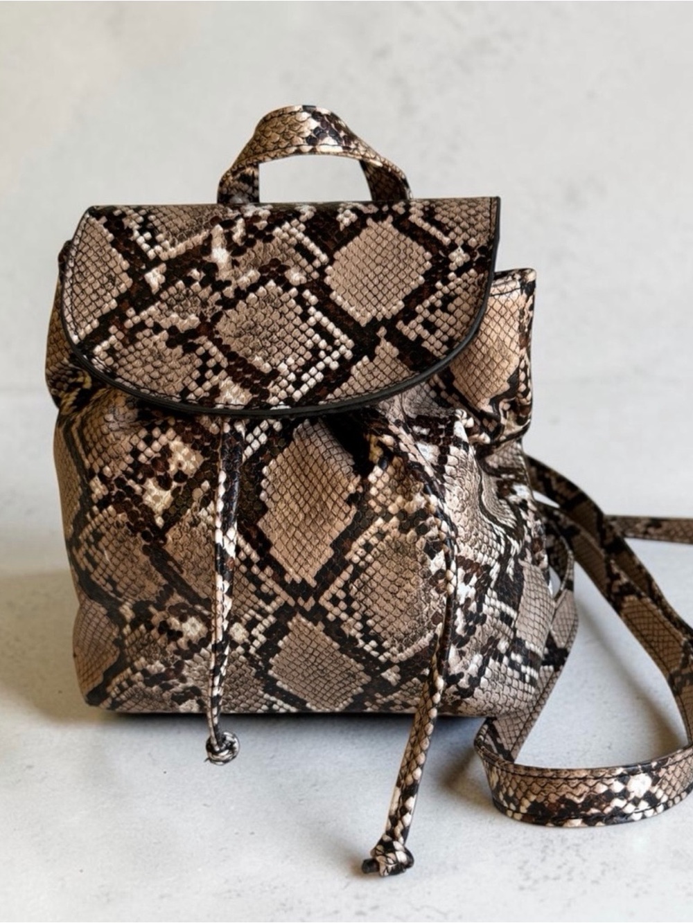 PacSun Snake Print Mini Backpack Purse Drawstring Flap Faux Leather Animal Print
